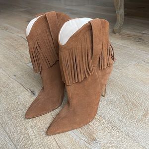 Raye Fringe Booties Boots in Cognac Brown with Pointy Toe and High Heel